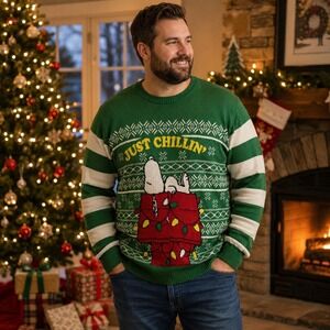 Peanuts Snoopy Mens XXL Green Just Chillin Christmas Holiday Sweater NWT 2XL